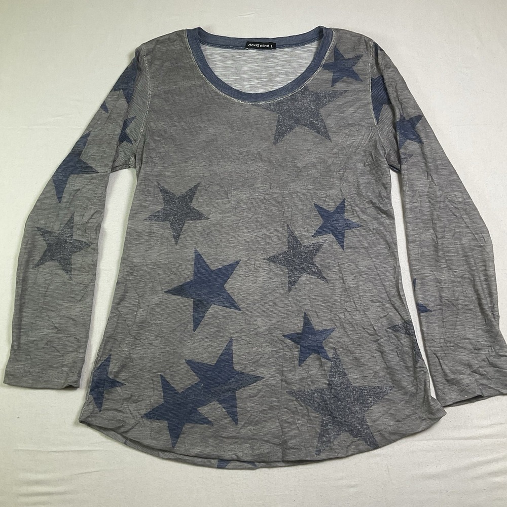 David Cline Star Top Womens L Blue Gray 3/4 Sleeve Slub Knit Patriotic 628